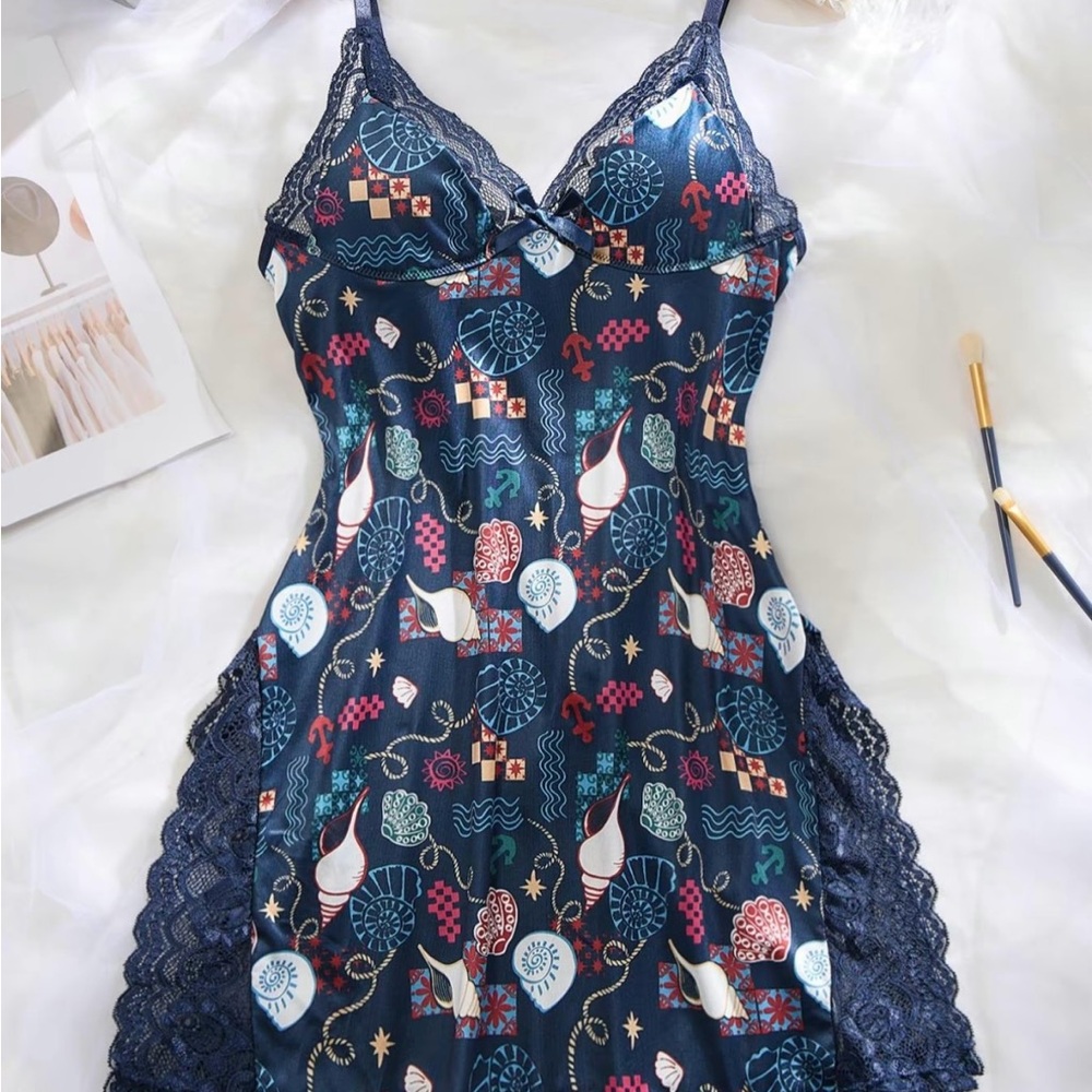 Blue Floral Lace Trim Pajamas